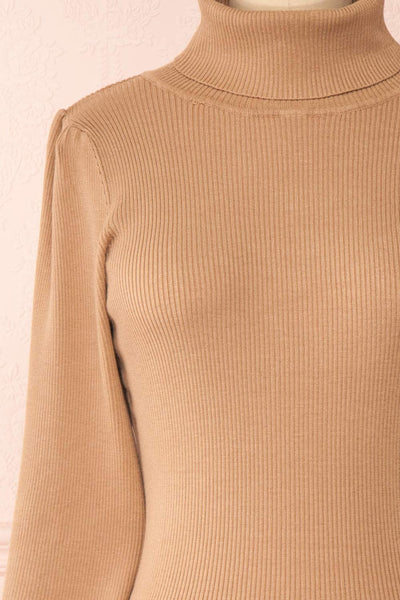 Janick Beige Ribbed Turtleneck Fitted Dress | Boutique 1861 front close-up