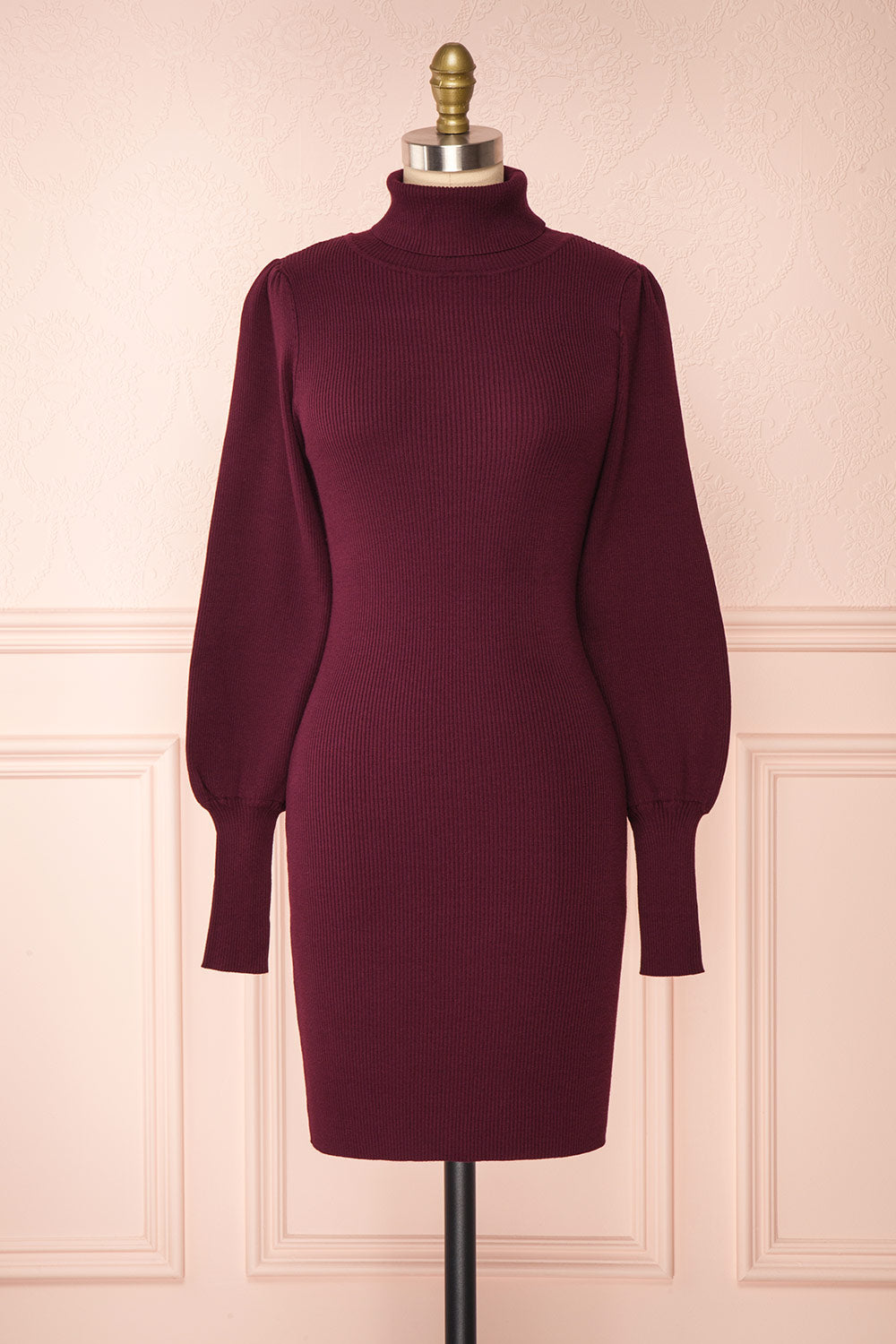Janick Burgundy Ribbed Turtleneck Fitted Dress | Boutique 1861 front view 