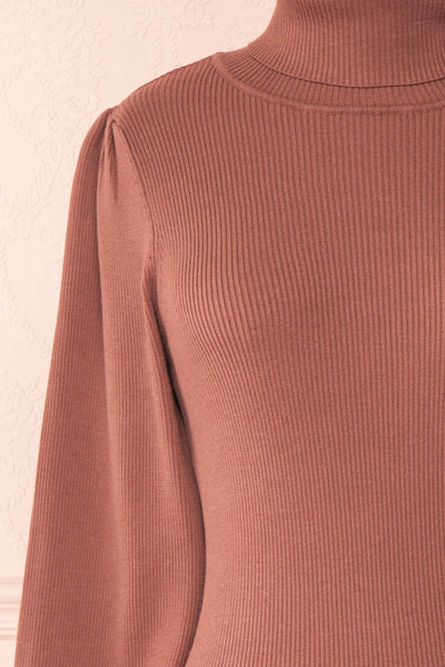 Janick Pink Ribbed Turtleneck Fitted Dress | Boutique 1861 front close-up