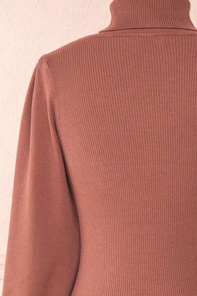 Janick Pink Ribbed Turtleneck Fitted Dress | Boutique 1861 back close-up