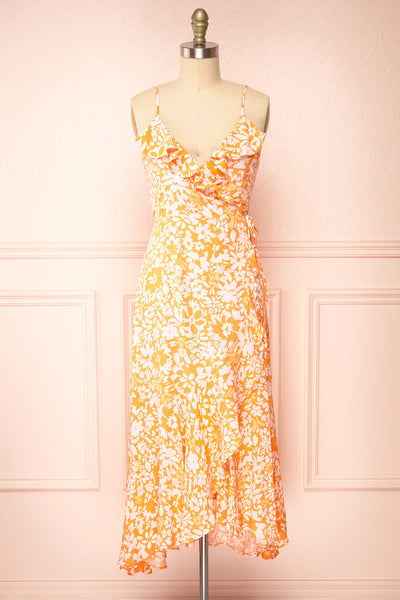 Janis Orange Floral Midi Wrap Dress | Boutique 1861 front view
