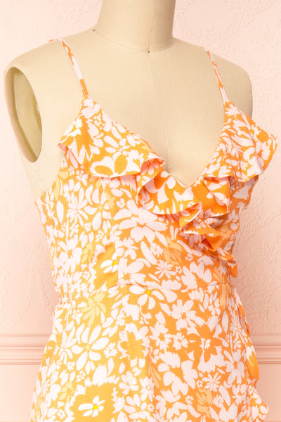 Janis Orange Floral Midi Wrap Dress | Boutique 1861 side close-up