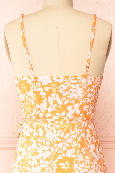 Janis Orange Floral Midi Wrap Dress | Boutique 1861  back close-up