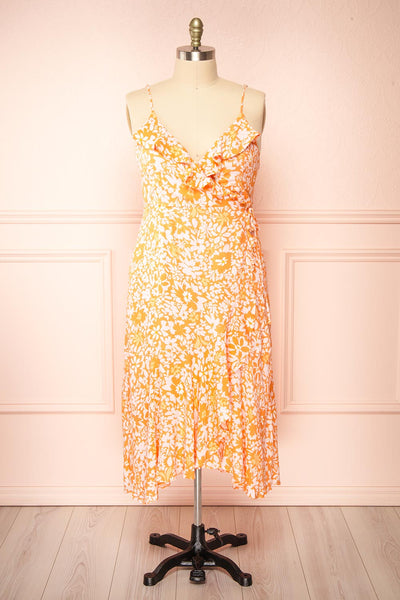 Janis Orange Floral Midi Wrap Dress | Boutique 1861 front plus size