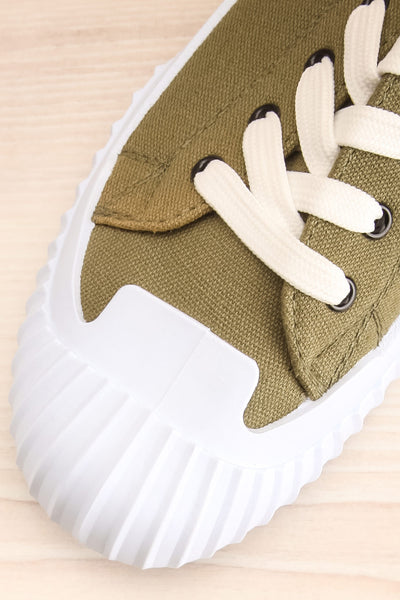 Jappy Green Canvas Lace-Up Sneakers | La petite garçonne flat close-up