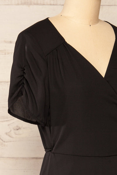 Jaurel Black Short Sleeve Wrap Dress | La petite garçonne side close-up