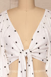 Jawor White Polka Dot Knotted Crop Top | La petite garçonne front close-up knot