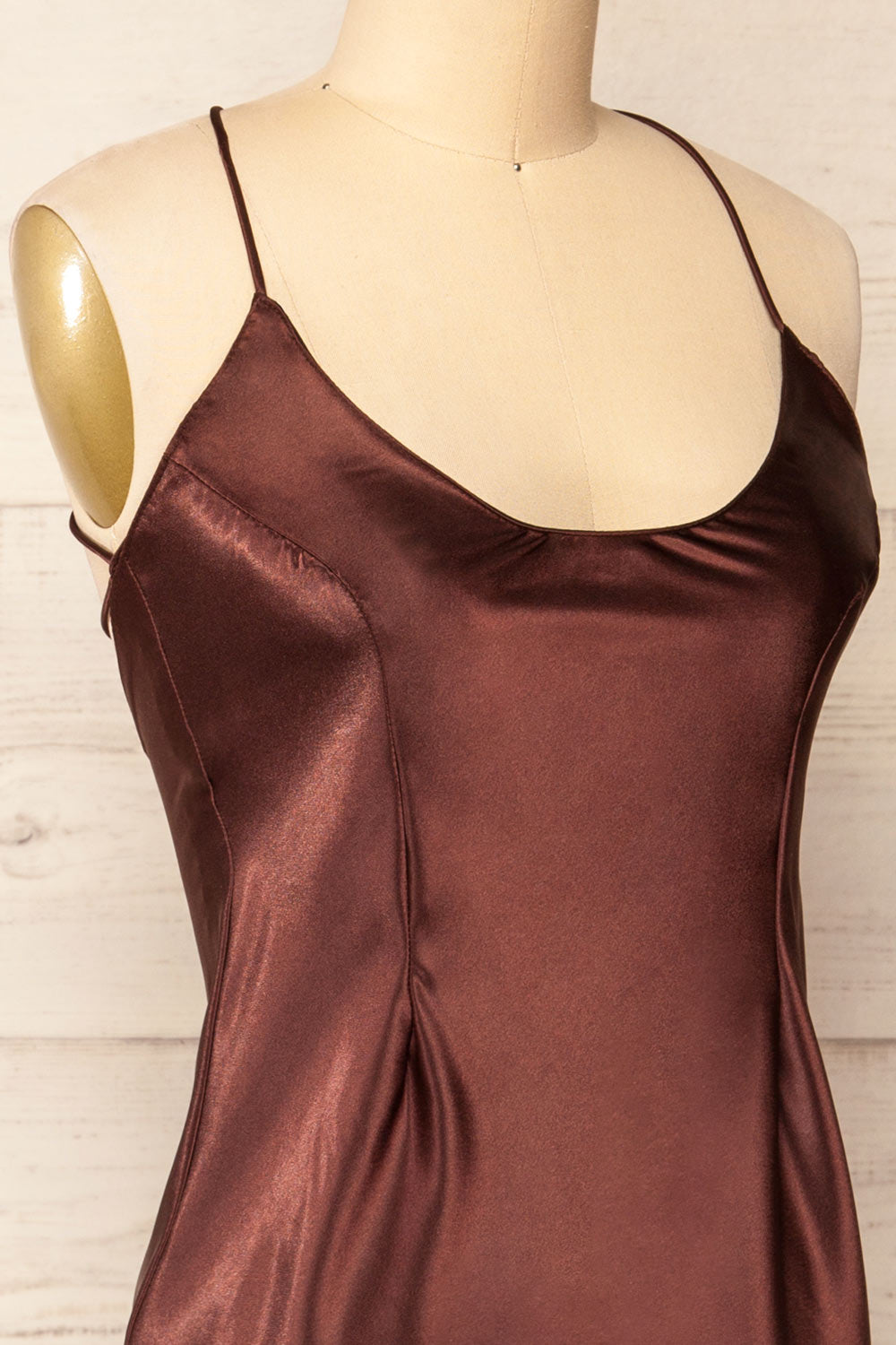 Jena Brown Backless Satin Maxi Dress | Arti Gogna | La petite garçonne side close-up