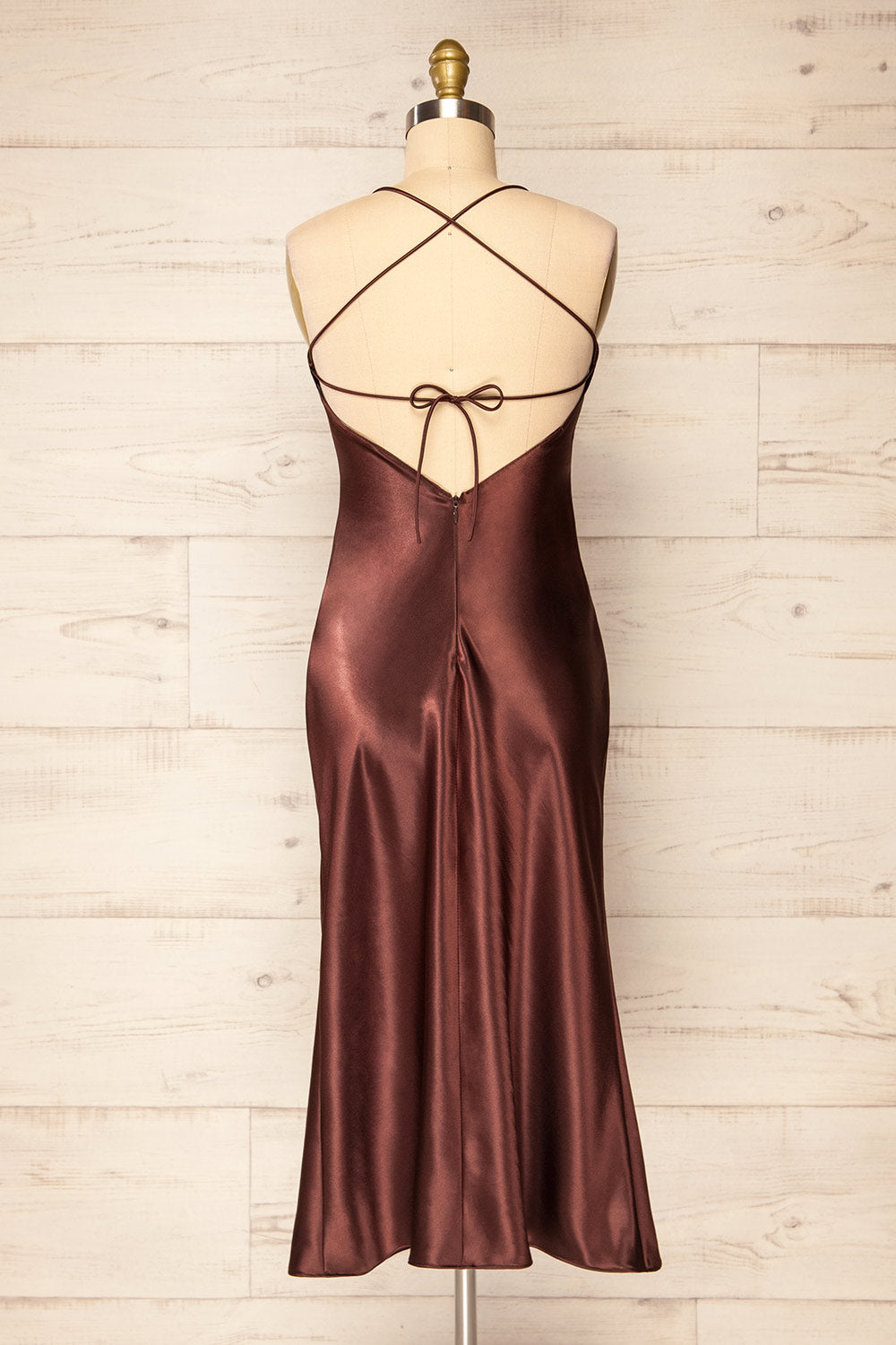 Jena Brown Backless Satin Maxi Dress | Arti Gogna | La petite garçonne back view