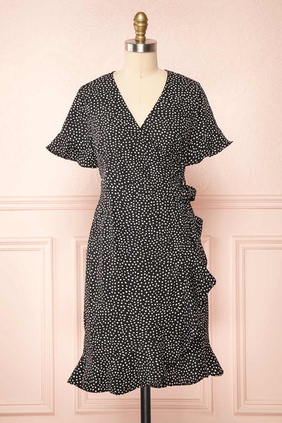 Jenny Black Polka-Dot Wrap Dress w/ Ruffles | Boutique 1861 front view