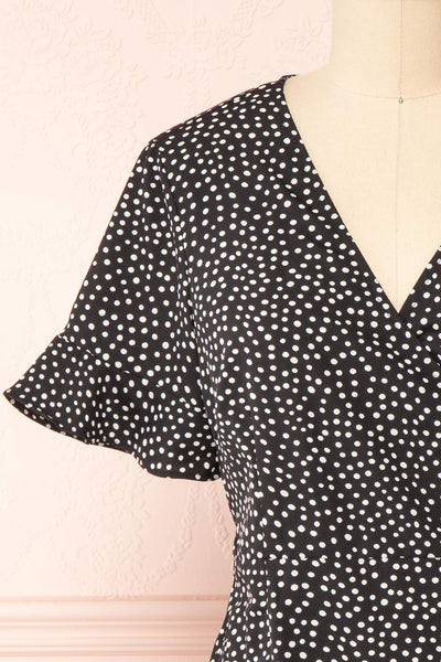 Jenny Black Polka-Dot Wrap Dress w/ Ruffles | Boutique 1861 front close-up