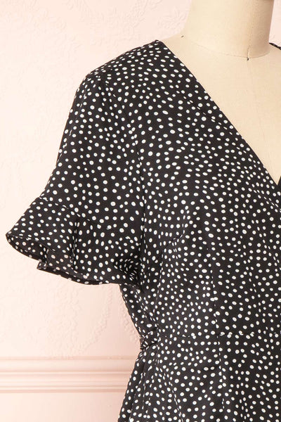 Jenny Black Polka-Dot Wrap Dress w/ Ruffles | Boutique 1861 side close-up