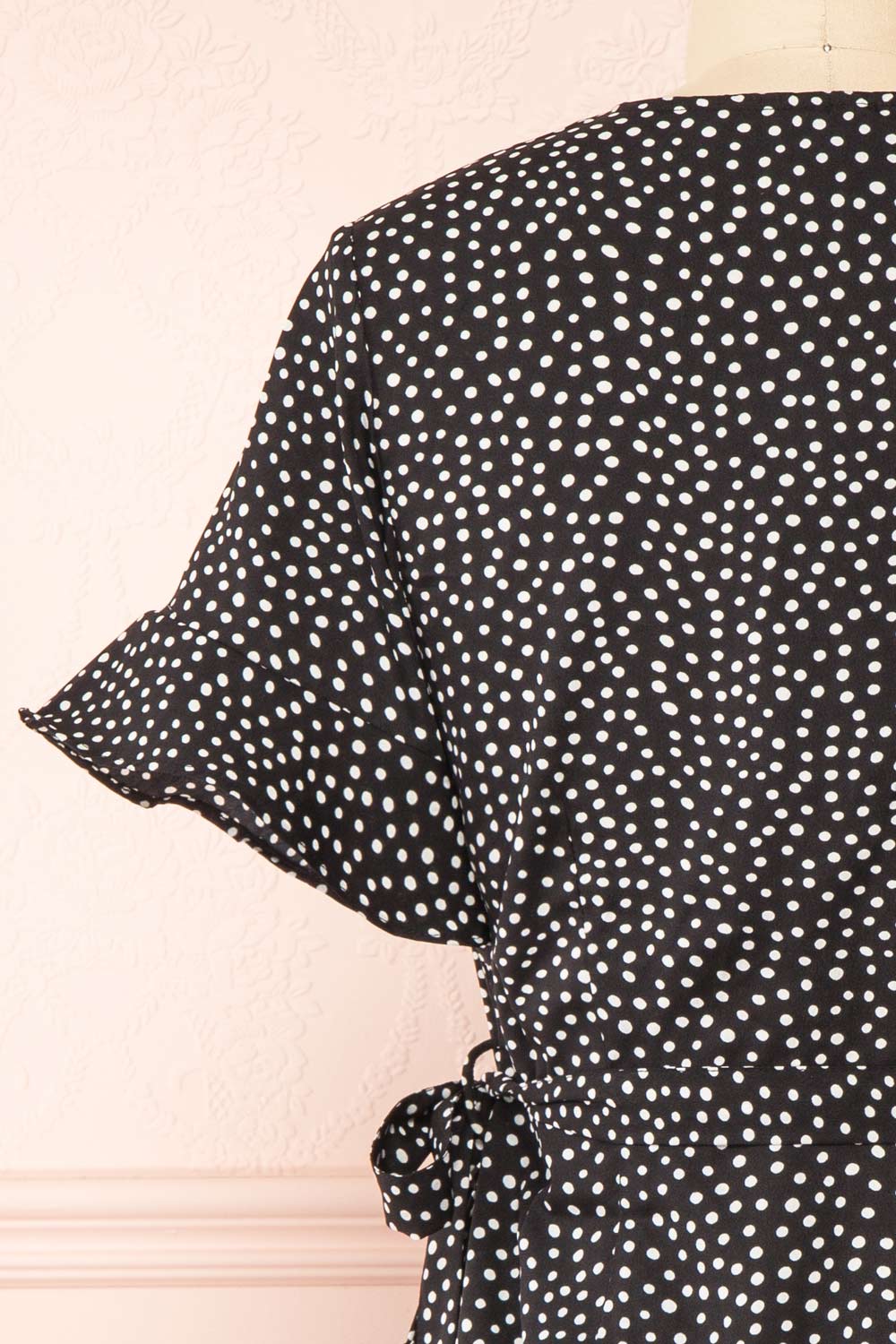 Jenny Black Polka-Dot Wrap Dress w/ Ruffles | Boutique 1861 back close-up