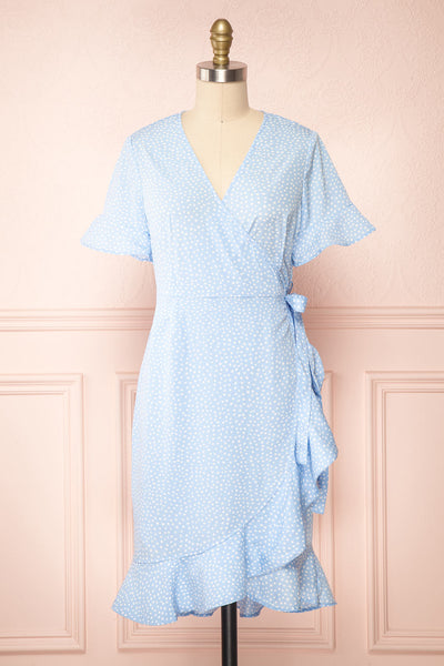 Jenny Blue Polka-Dot Wrap Dress w/ Ruffles | Boutique 1861 front view