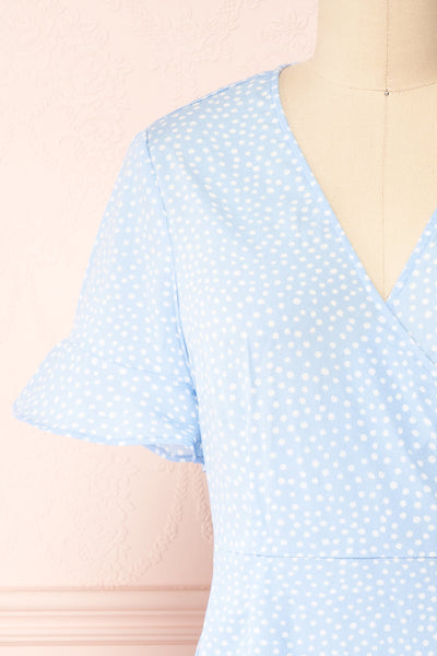Jenny Blue Polka-Dot Wrap Dress w/ Ruffles | Boutique 1861 front close-up