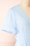 Jenny Blue Polka-Dot Wrap Dress w/ Ruffles | Boutique 1861 side close-up