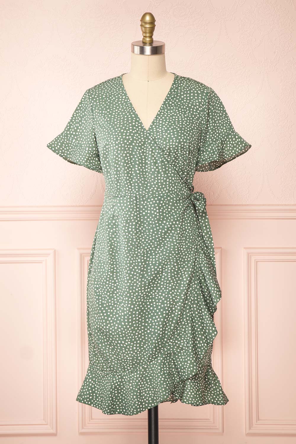 Jenny Green Polka-Dot Wrap Dress w/ Ruffles | Boutique 1861 front view