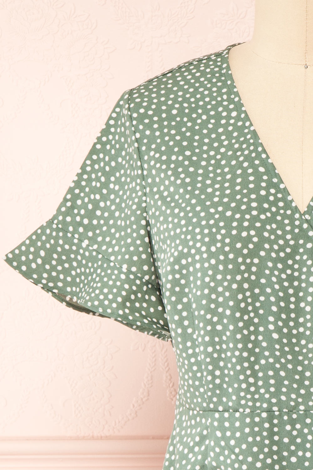 Jenny Green Polka-Dot Wrap Dress w/ Ruffles | Boutique 1861 front close-up