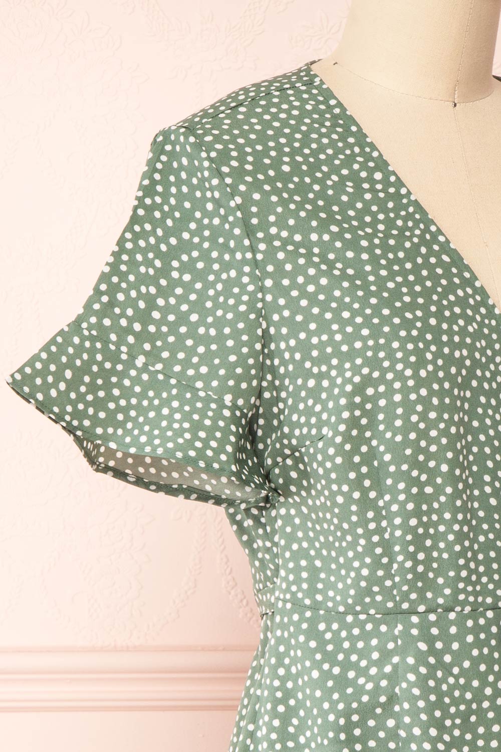 Jenny Green Polka-Dot Wrap Dress w/ Ruffles | Boutique 1861 side close-up