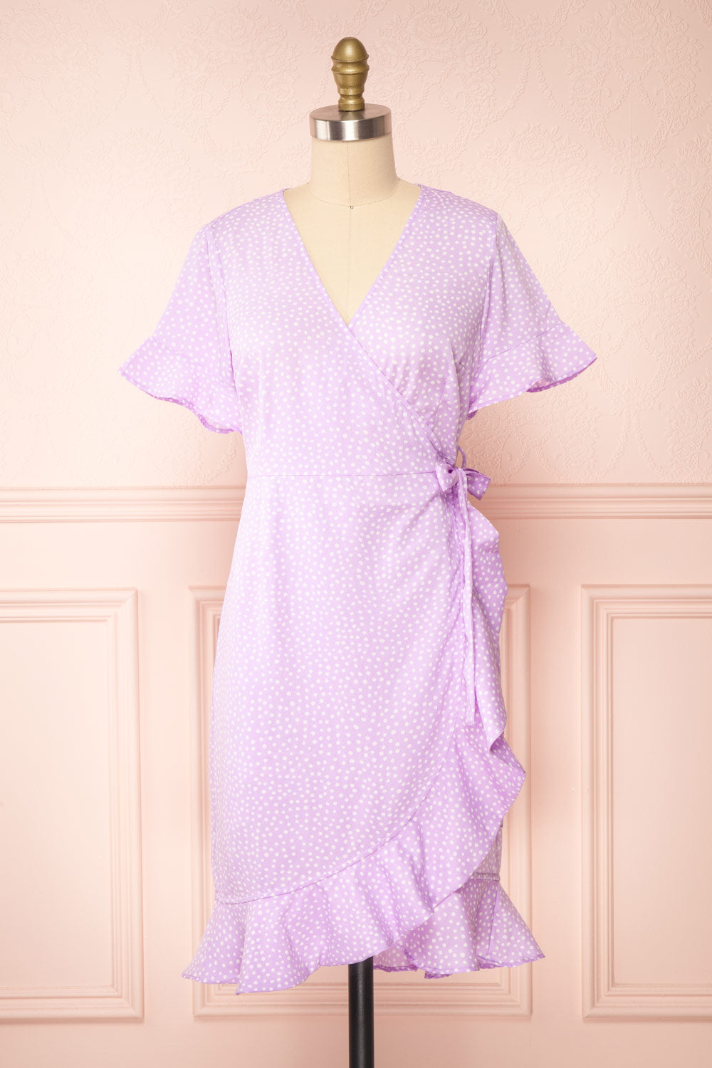 Jenny Lilac Polka-Dot Wrap Dress w/ Ruffles | Boutique 1861 - Jenny Li… frton view