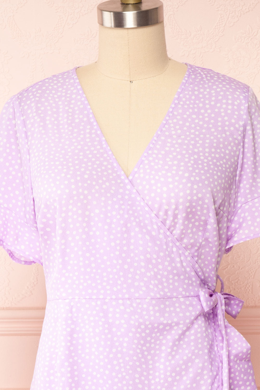 Jenny Lilac Polka-Dot Wrap Dress w/ Ruffles | Boutique 1861 - Jenny Lilas front close up