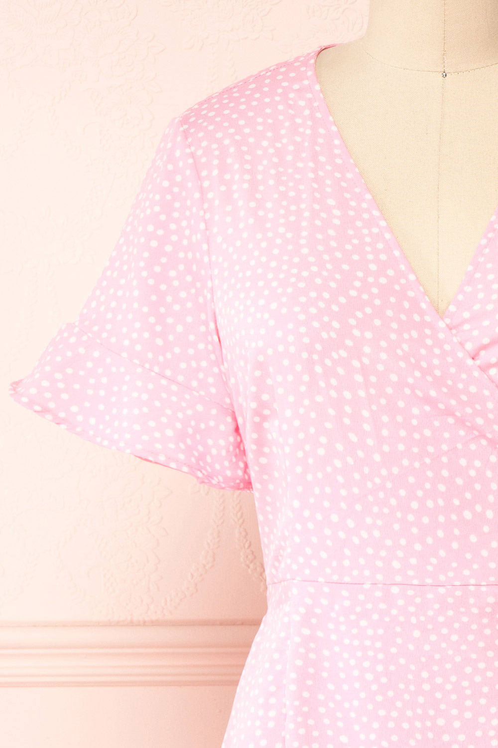 Jenny Pink Polka-Dot Wrap Dress w/ Ruffles | Boutique 1861 front close-up