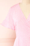 Jenny Pink Polka-Dot Wrap Dress w/ Ruffles | Boutique 1861 front close-up