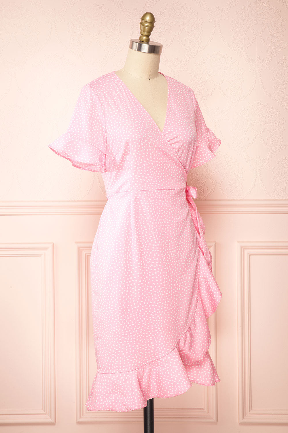 Jenny Pink Polka-Dot Wrap Dress w/ Ruffles | Boutique 1861 side view