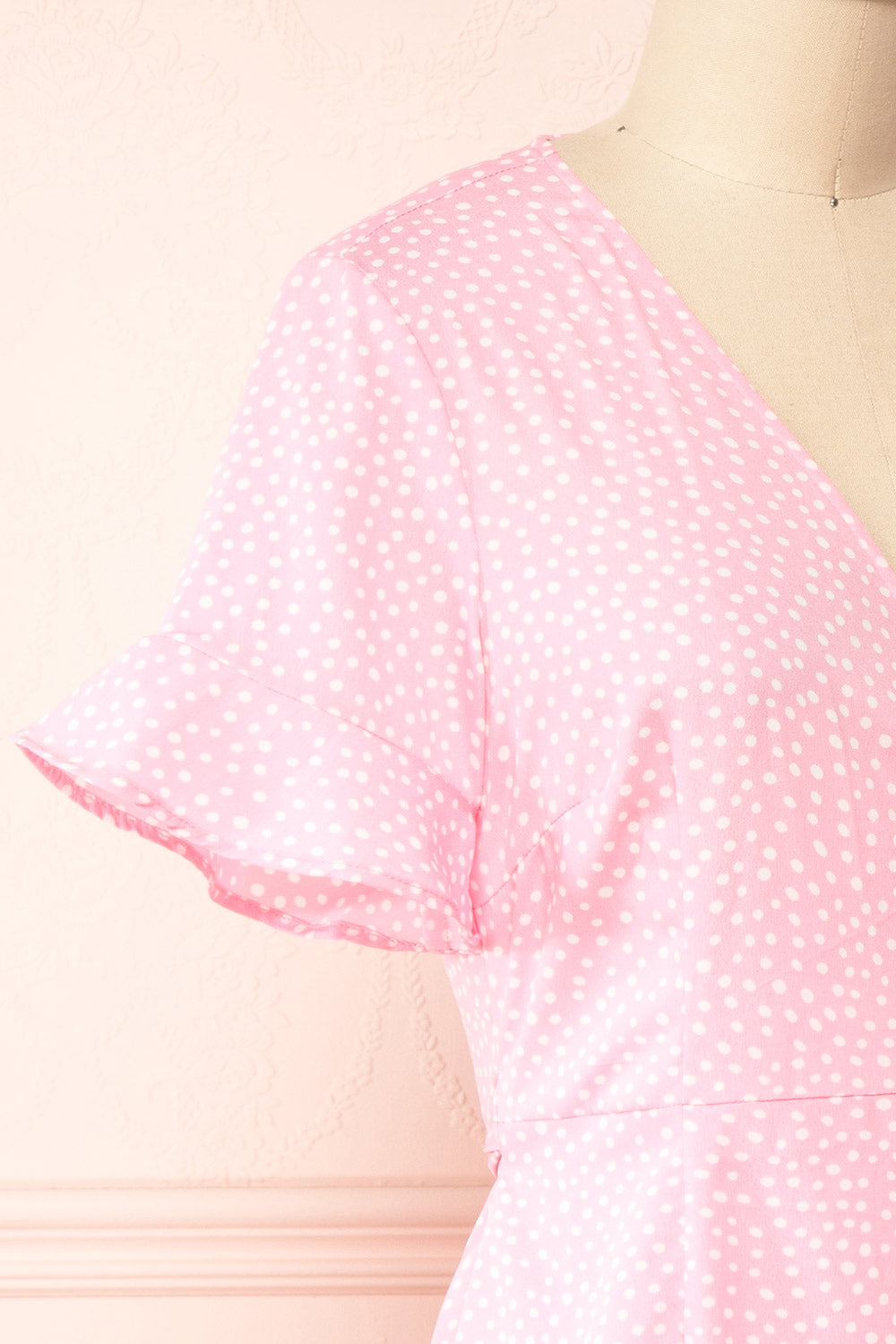 Jenny Pink Polka-Dot Wrap Dress w/ Ruffles | Boutique 1861 side close-up
