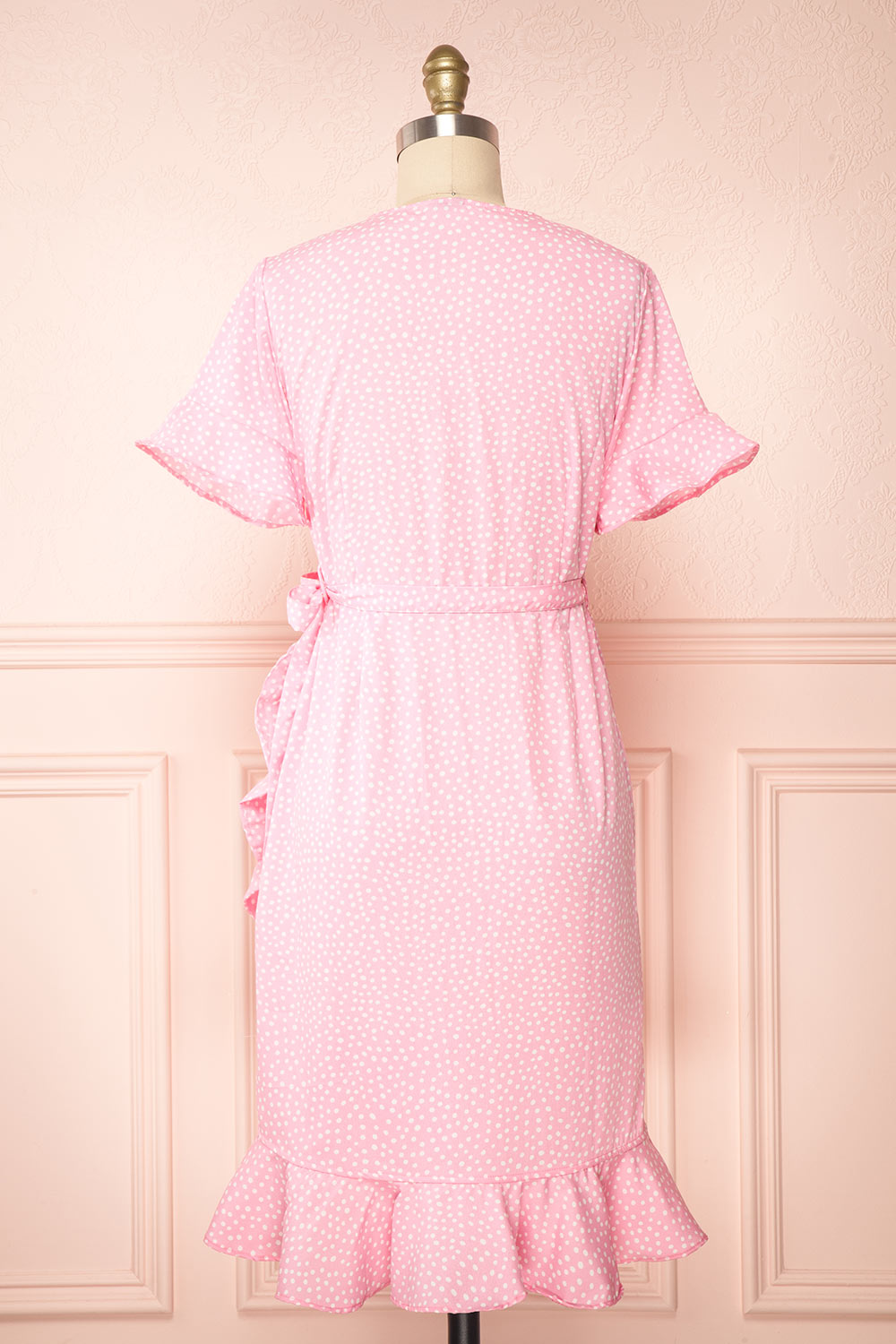 Jenny Pink Polka-Dot Wrap Dress w/ Ruffles | Boutique 1861 back view