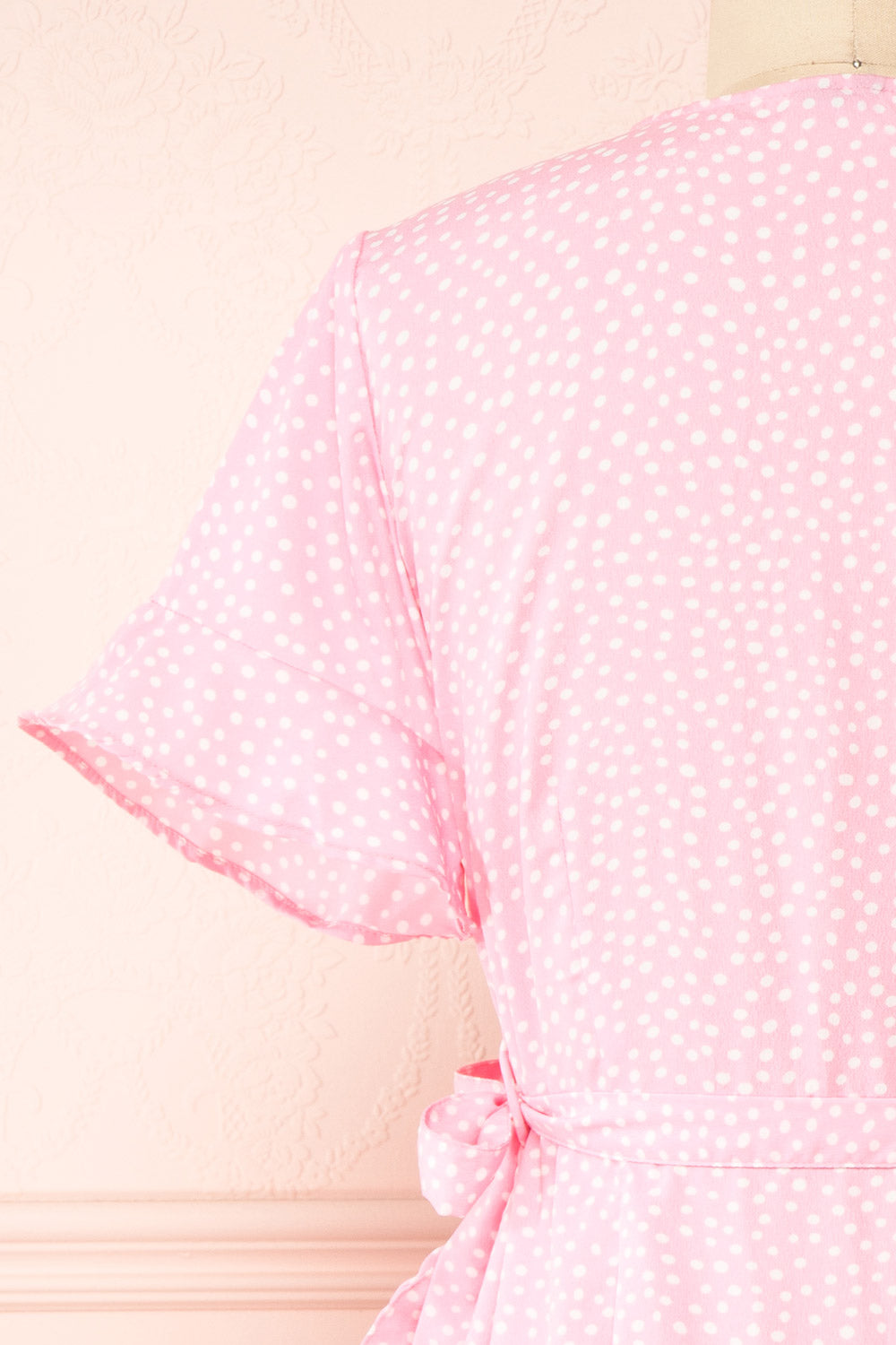 Jenny Pink Polka-Dot Wrap Dress w/ Ruffles | Boutique 1861 back close-up