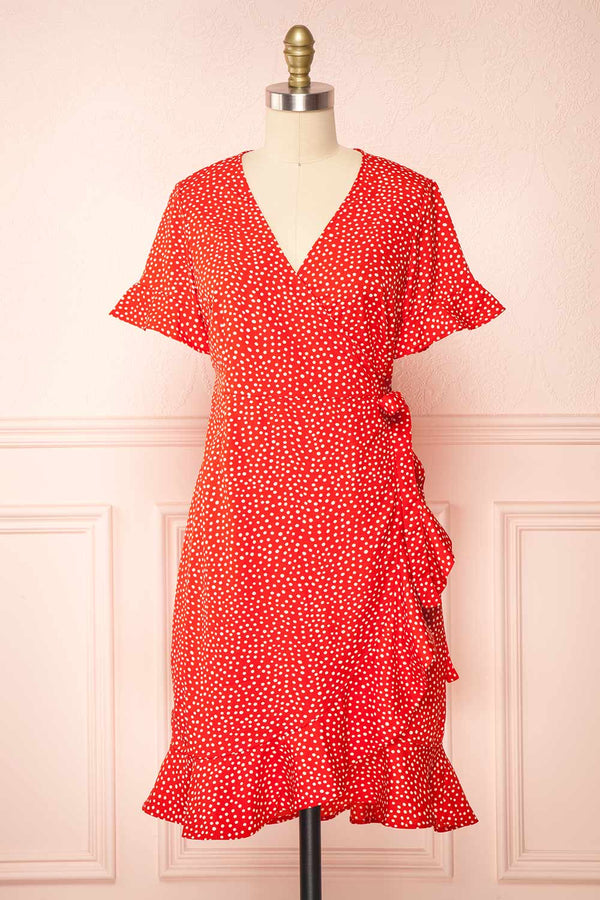 Jenny Red Polka-Dot Wrap Dress w/ Ruffles