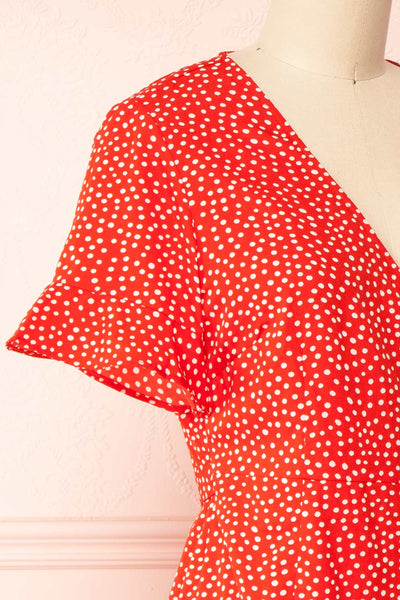 Jenny Red Polka-Dot Wrap Dress w/ Ruffles | Boutique 1861 side close-up