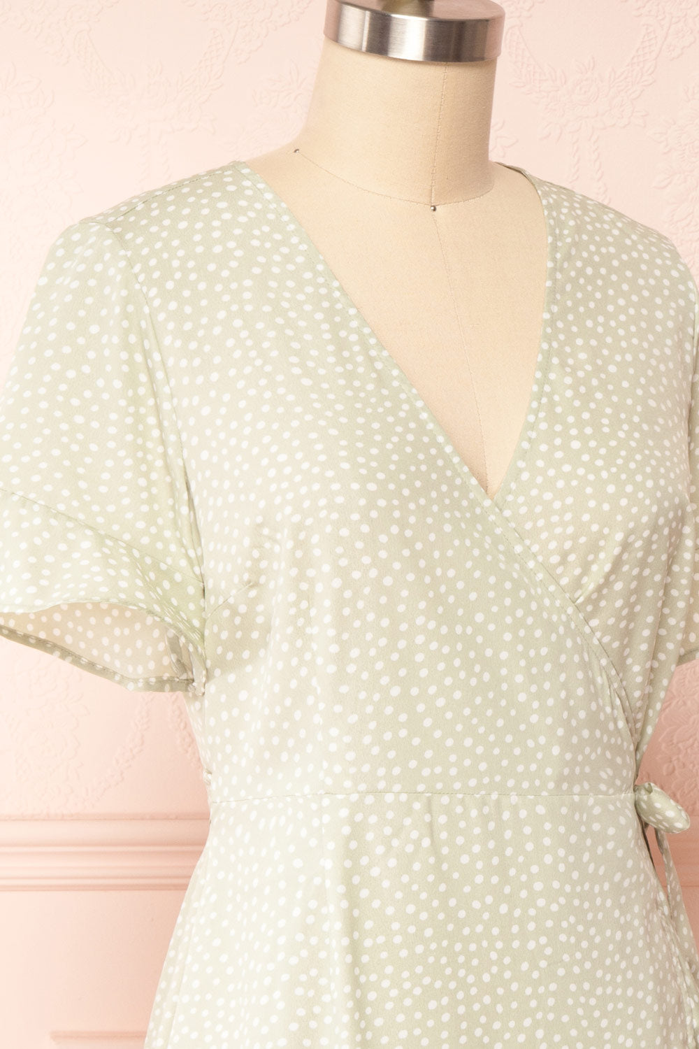 Jenny Sage Polka-Dot Wrap Dress w/ Ruffles | Boutique 1861 - Jenny Saugeside close up