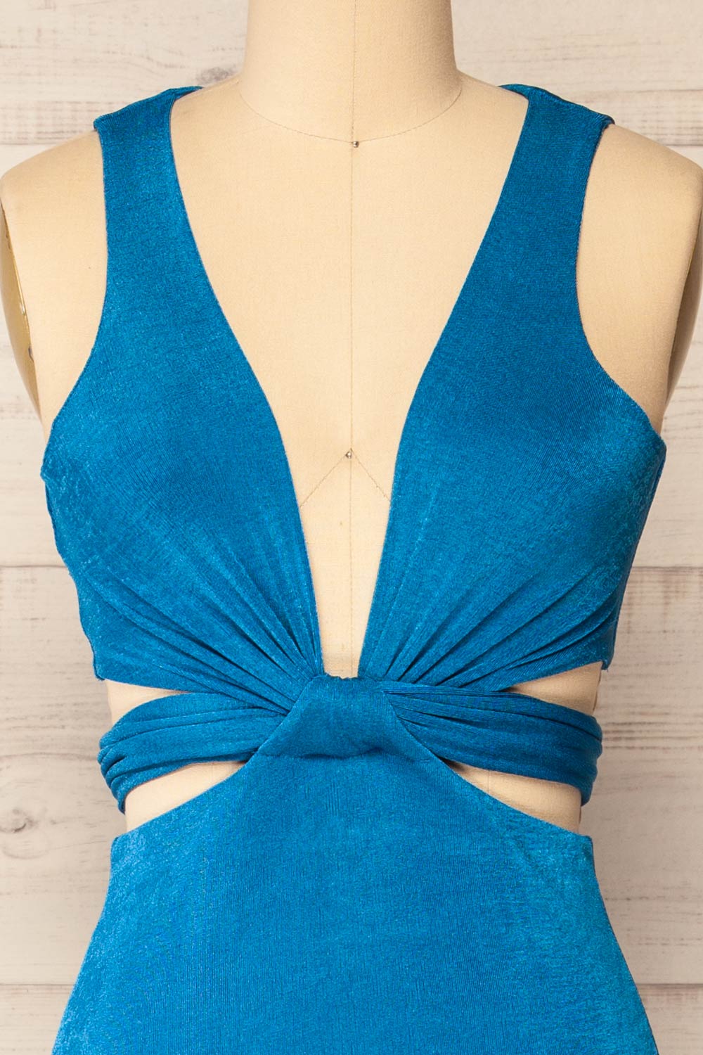 Jhoye Blue Shimmery Midi Dress w/ Removable Top | La petite garçonne front close-up