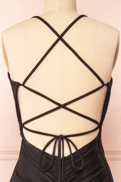 Jihyo Black Mermaid Maxi Dress w/ Laced-Back | Boutique 1861 back close-up