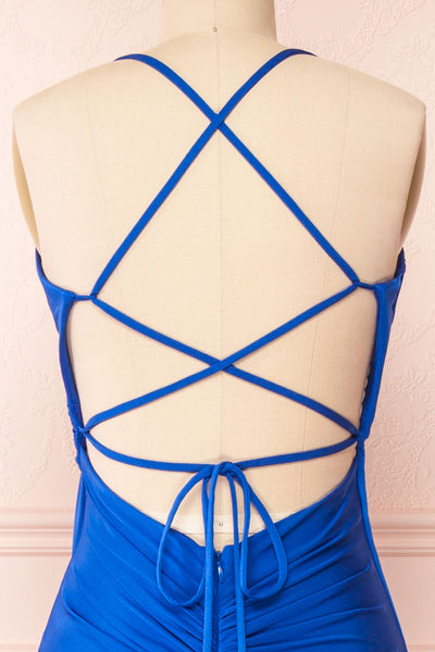 Jihyo Blue Mermaid Maxi Dress w/ Laced-Back | Boutique 1861 back close-up