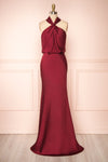 Jinny Burgundy Satin Halter Maxi Dress w/ Slit | Boutique 1861 front view