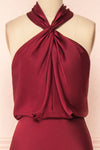 Jinny Burgundy Satin Halter Maxi Dress w/ Slit | Boutique 1861 front close-up