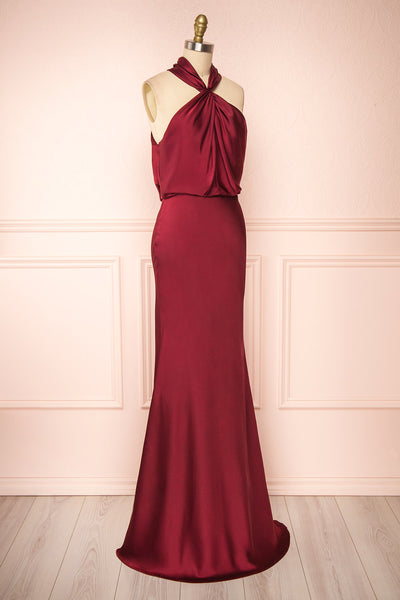 Jinny Burgundy Satin Halter Maxi Dress w/ Slit | Boutique 1861 side view