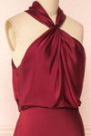 Jinny Burgundy Satin Halter Maxi Dress w/ Slit | Boutique 1861 side close-up