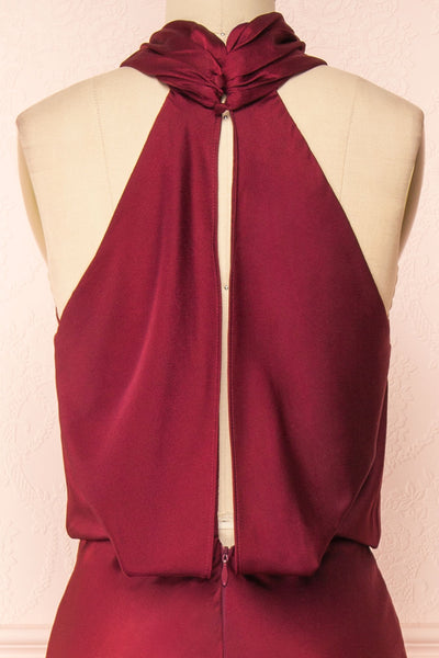 Jinny Burgundy Satin Halter Maxi Dress w/ Slit | Boutique 1861 back close-up