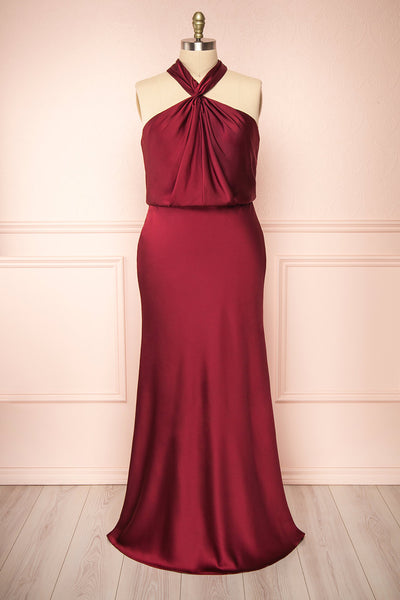 Jinny Burgundy Satin Halter Maxi Dress w/ Slit | Boutique 1861 front plus size