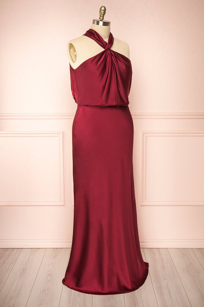 Jinny Burgundy Satin Halter Maxi Dress w/ Slit | Boutique 1861 side plus size