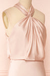 Jinny Champagne Satin Halter Maxi Dress w/ Slit | Boutique 1861 side close-up
