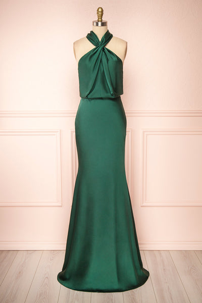 Jinny Emerald Satin Halter Maxi Dress w/ Slit | Boutique 1861 front view