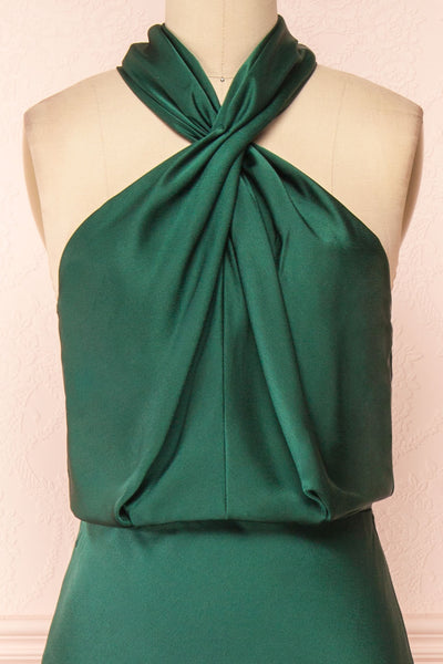 Jinny Emerald Satin Halter Maxi Dress w/ Slit | Boutique 1861 front close-up
