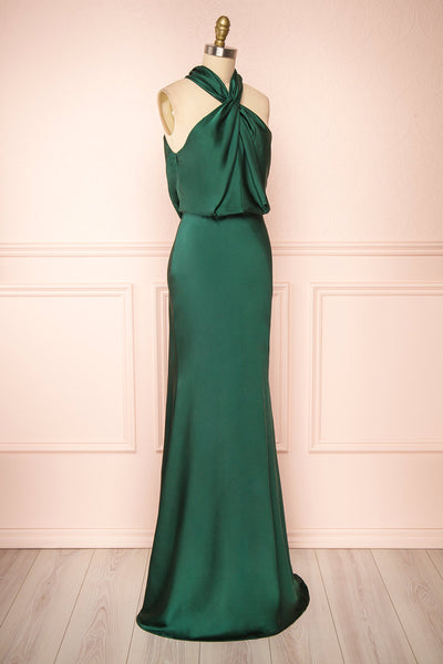Jinny Emerald Satin Halter Maxi Dress w/ Slit | Boutique 1861 side view
