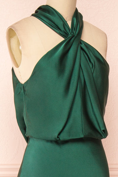 Jinny Emerald Satin Halter Maxi Dress w/ Slit | Boutique 1861 side close-up