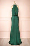 Jinny Emerald Satin Halter Maxi Dress w/ Slit | Boutique 1861 back view